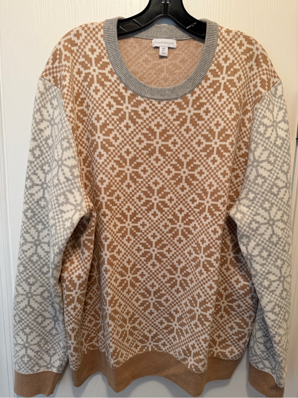 Charter Club Camel and Light Gray Geometric Crewneck Sweater
